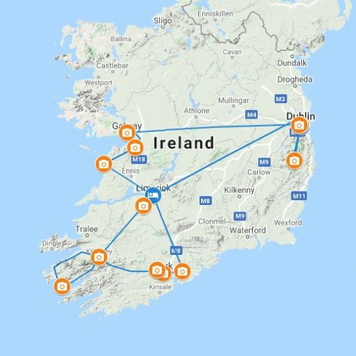 An example of a hub and spoke tour route in Ireland
