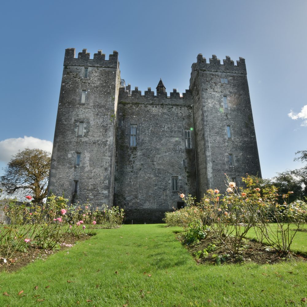 Bunratty Castle keep seen across the green lawns of the estate under a blue sky