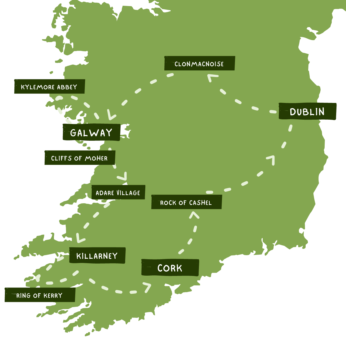 10 Day Iconic Scenes-of Ireland Tour Map